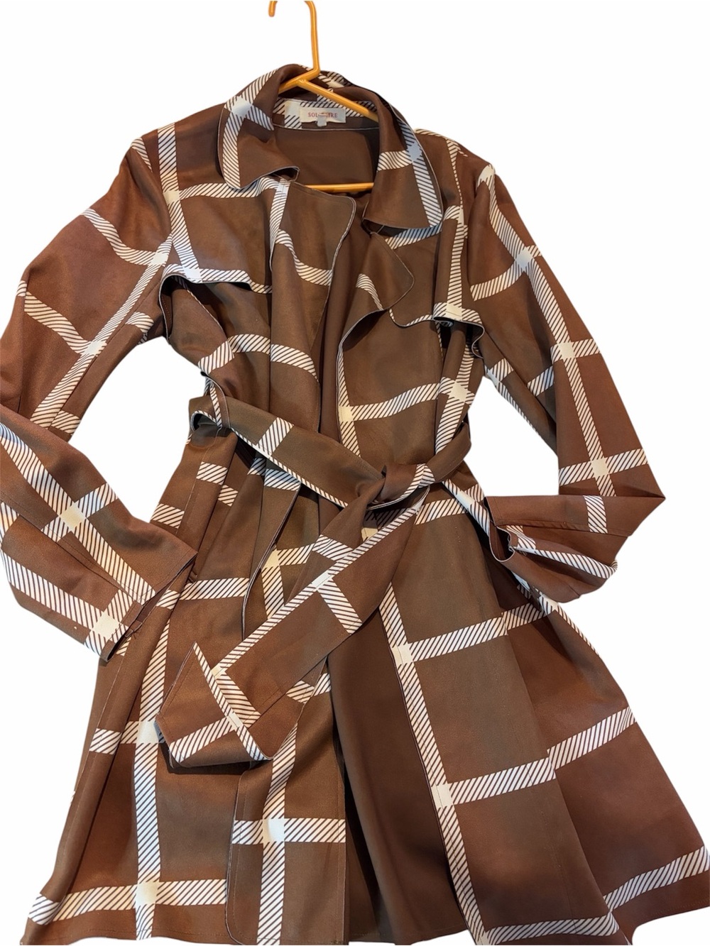Solitaire Faux Suede Belted Windowpane Plaid Trench Coat Brown White Size XL